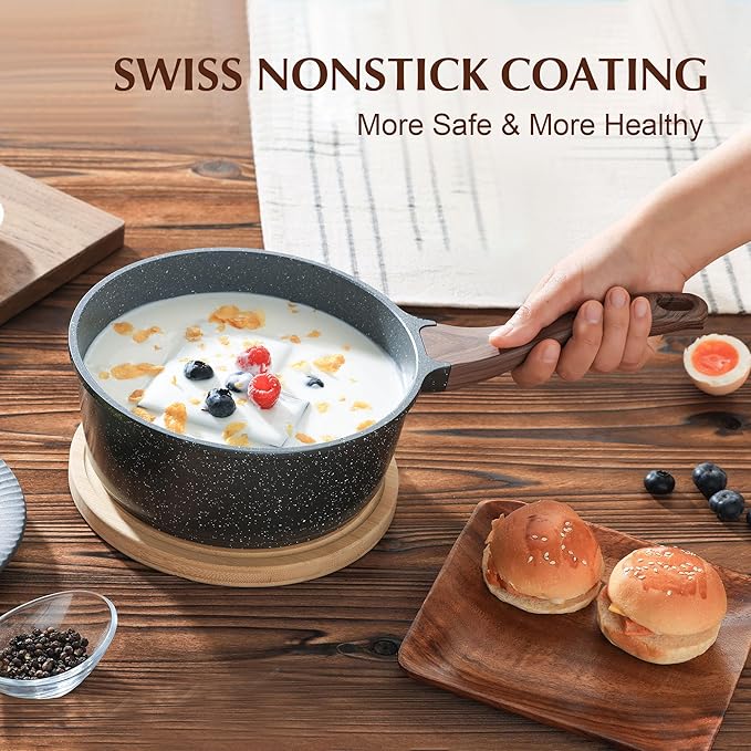 SENSARTE Nonstick Saucepan with Lid, 2.5 Quarts Medium Pot with Swiss Granite Coating, Stay-cool
