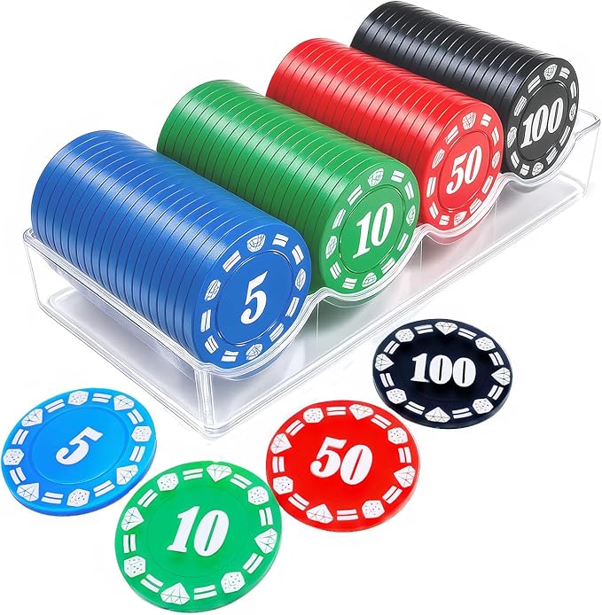 Plastic Poker Chips Set of 100 Pcs with Storage Box,Denomination Printed Casino Style Chip for