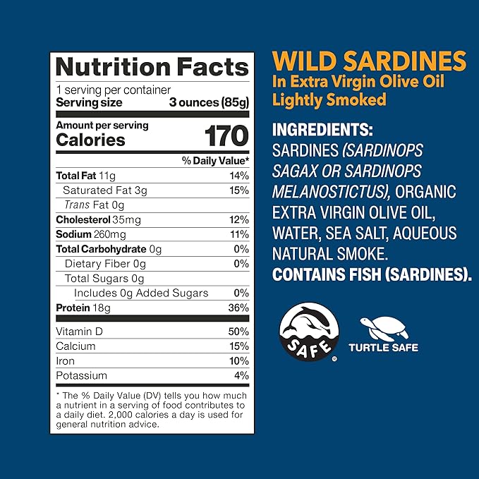 Wild Planet Wild Sardines in Extra Virgin Olive Oil, Lightly Smoked, Tinned Fish, Sustainably