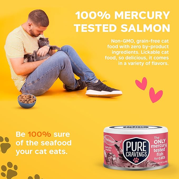 Pure Cravings Wet Cat Food Canned Salmon Cutlets in Gravy, 100% Mercury-Tested, Moist Can Fish for