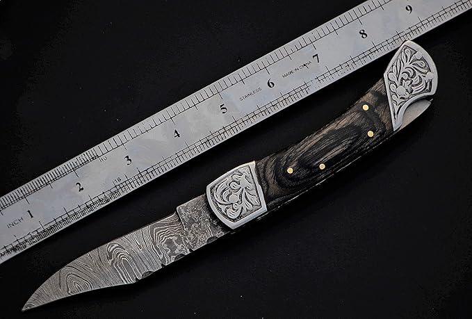 8.5" long Folding Knife, Wood Scale with Engraved steel bolster, custom made 4.25" Hand Forged