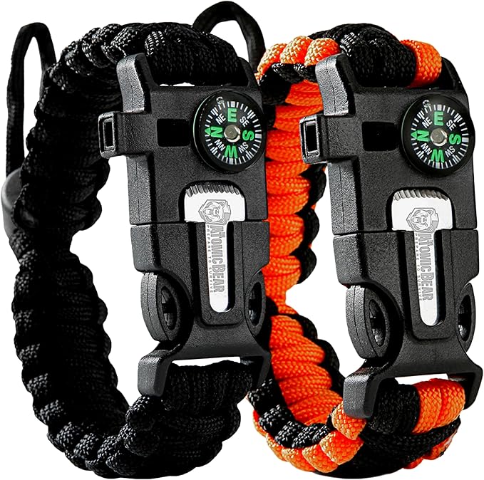 Atomic Bear Paracord Bracelet (2 Pack) - Adjustable - Fire Starter - Loud Whistle - Perfect for