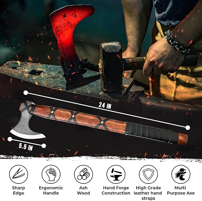 22-Inch Hand-Forged Viking Bearded Axe with Sheath – Survival & Camping Hatchet for Men – Best Gift