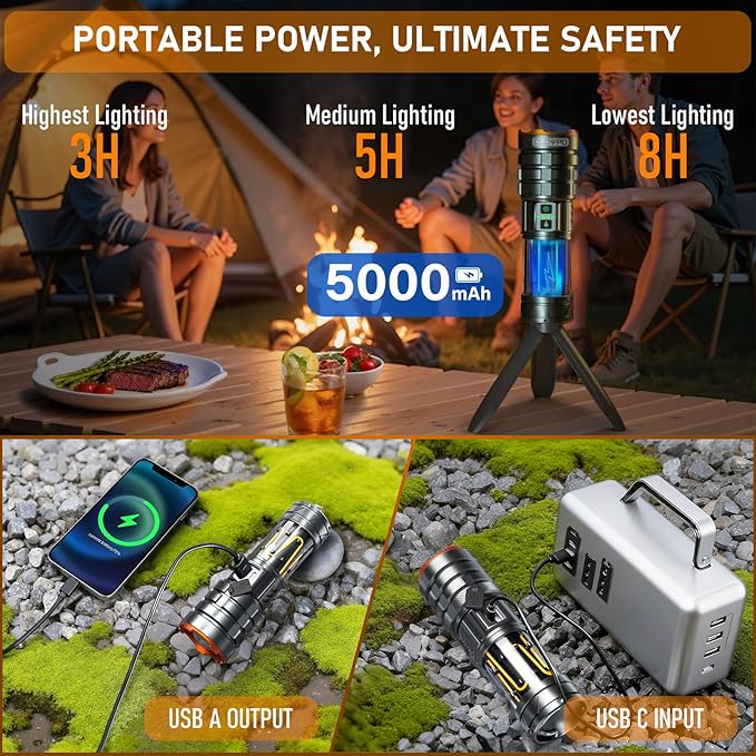 Rechargeable Flashlight 11 Modes Tactical Camping Flashlight with Red-Blue Emergency Lights, 10000