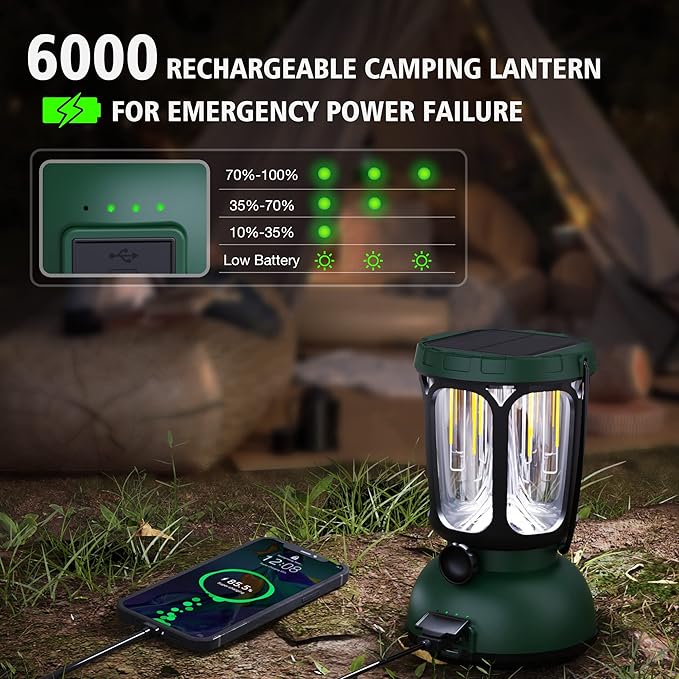 Raynic 6000 LED Camping Lantern, 650LM Hand Crank Solar Battery Powered Rechargeable Lantern
