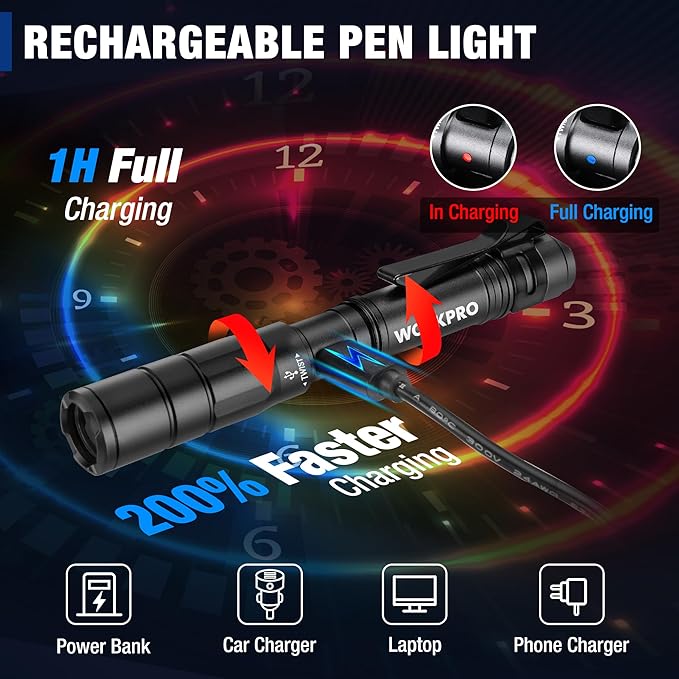 WORKPRO Rechargeable Pen Light, Mini Flashlight, 2 Pack Ultra-Compact EDC Flashlight, Pocket