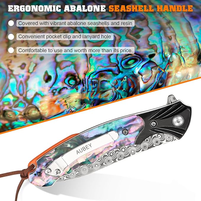 AUBEY Damascus Pocket Knife for Women Men, 3.43" VG10 Damascus Steel Blade Knife with Clip, EDC