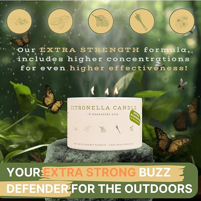 Buzz Defender 14oz Outdoor Citronella Candles | Highly Effective 100% Natural | 64h Burn time | 2X