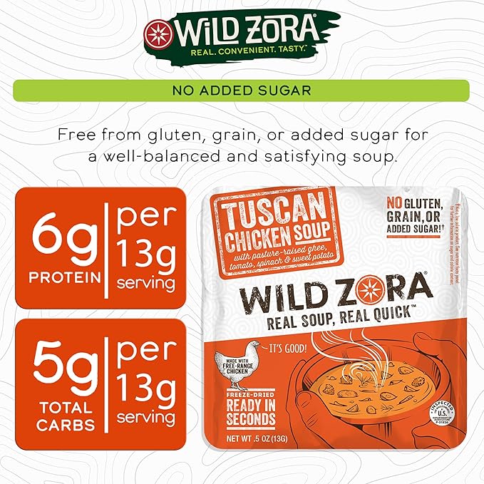 Wild Zora Instant Keto-Friendly Soups Tuscan Chicken 8-pack Broth Made with Free-Range Chicken, and
