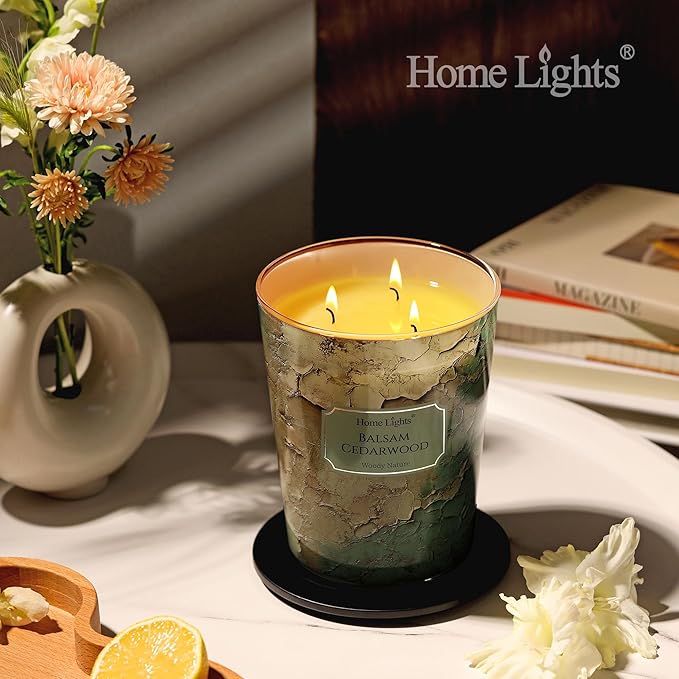 HomeLights Balsam Cedarwood Scented Candles | 34oz Soy Candles Industrial Chic 3-Wick Large Candle