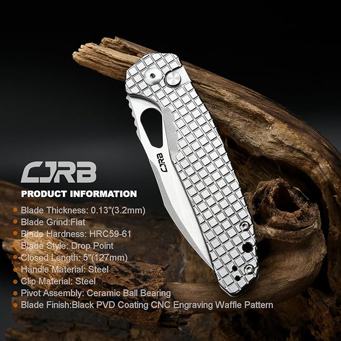 CJRB Frack Pocket Knife, 3.9" AR-RPM9 Steel Blade PVD Coating Frag Pattern Steel Handle EDC Knife