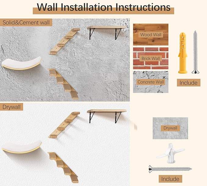 4-Piece Cats Wall Furniture with Cat Window Perch – Wood Wall Mounted Cat Shelves Set with