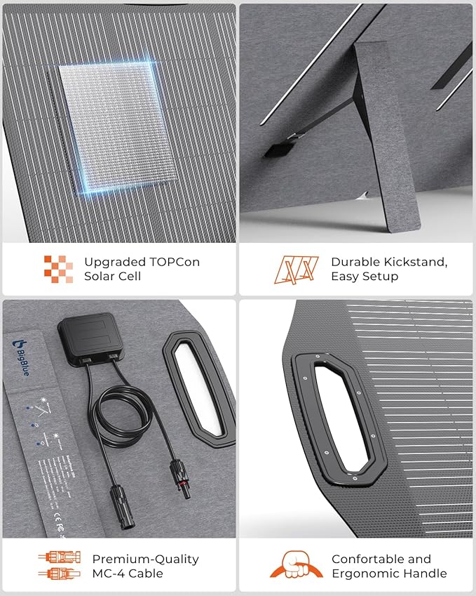 200W Solar Panel, BigBlue SolarPowa 200 Solar Panel Charger with Kickstand for Camping, IP68