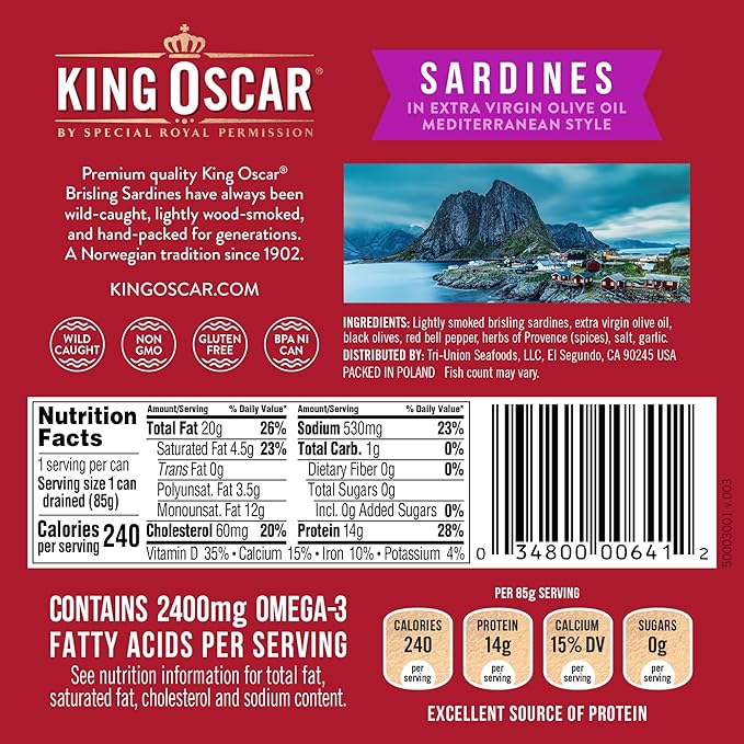 King Oscar Premium Sardines in Extra Virgin Olive Oil, Mediterranean Style, 3.75 Ounce Cans (Pack