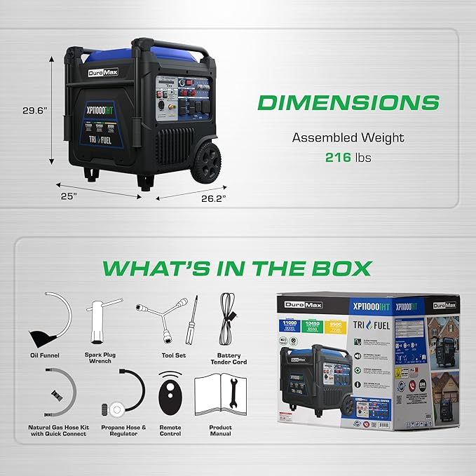 DuroMax XP11000iHT 11,000-Watt Tri Fuel Portable Digital Inverter Generator - Gas, Propane &