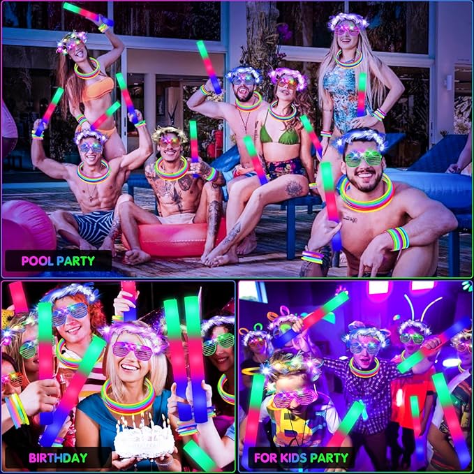 142 PCS Glow in the Dark Party Supplies, 14PCS Foam Glow Sticks, 14PCS Light Up Headband,14PCS LED