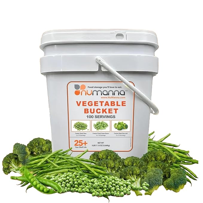 NuManna Freeze-Dried Vegetables Bucket | 100 Servings Contains Peas, Green Beans & Broccoli |