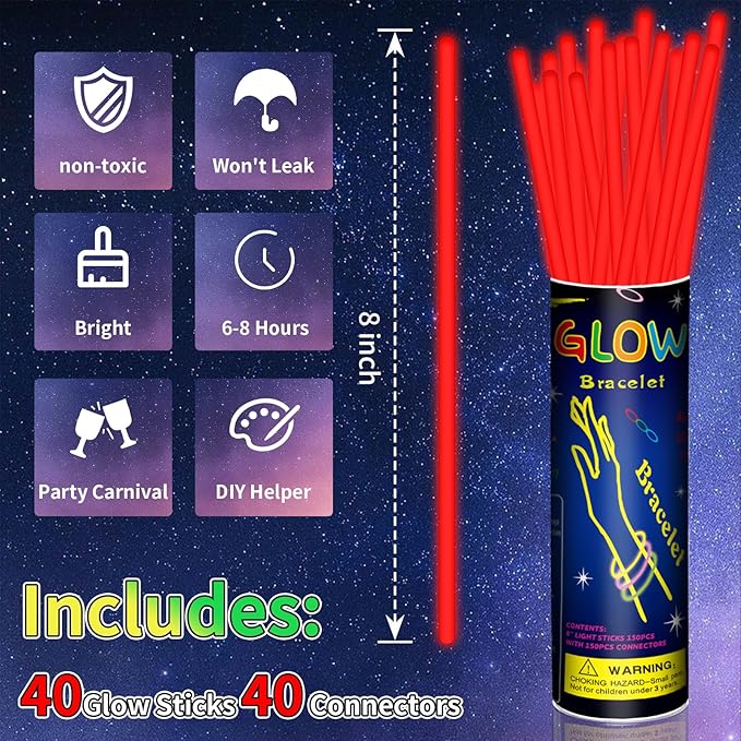 40 Pack 8??Red Glow Sticks Bracelet Necklaces Bulk with 40 Connectors Neon Glow In The Dark Party