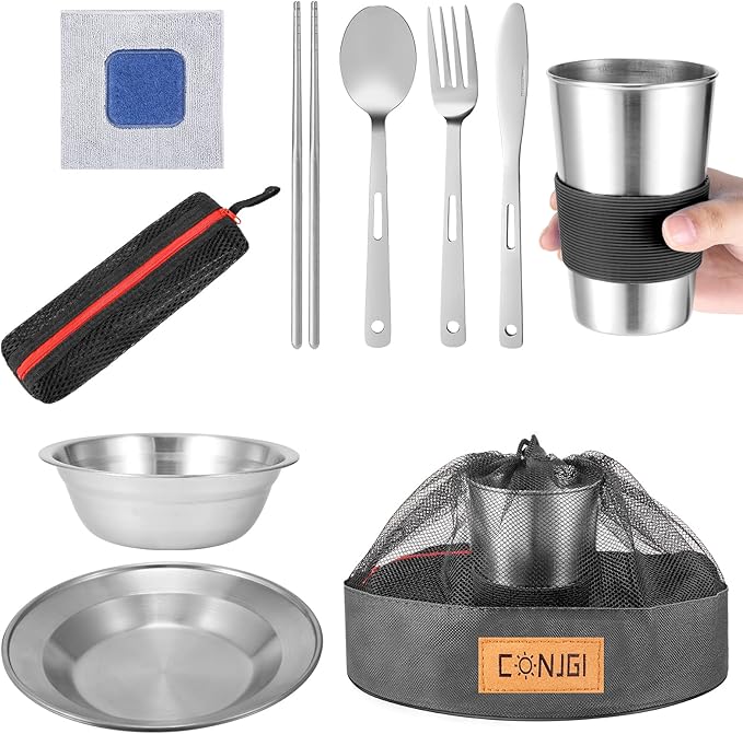 Outdoor Camping Mess Kit - 1 to 2 persons Camping Dishes Includes Cups, Bowls, Dishes, Knives