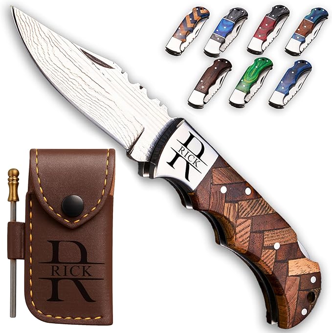Personalized Folding Knife - Damascus Olive-Brown Pocket Knife, Custom Gift for Husband, Boyfriend