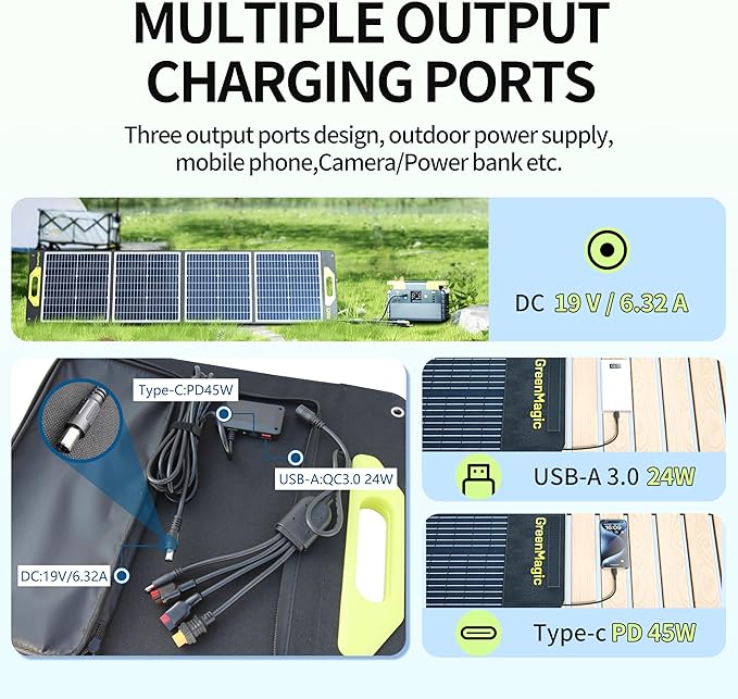 Greenmagic120W Portable Solar Panel 19V, 120W Foldable Solar Panels Kit with Adjustable Kickstands