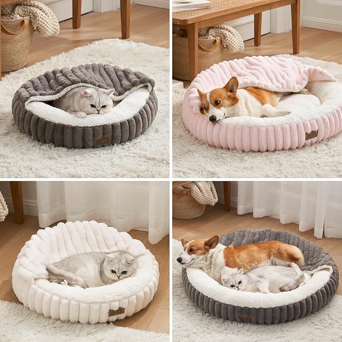 Small Dog Bed with Hooded Blanket, Round Fluffy Anti-Anxiety Pet Bed for Small Dogs & Medium Dogs
