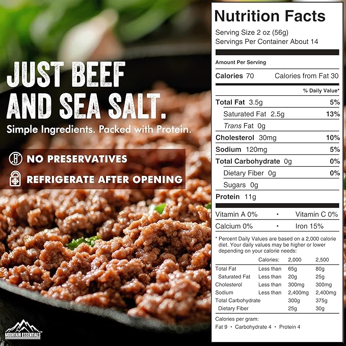 MOUNTAIN ESSENTIALS All Natural Canned Ground Beef 28 Oz – Fully Cooked, Ready to Eat Hamburger