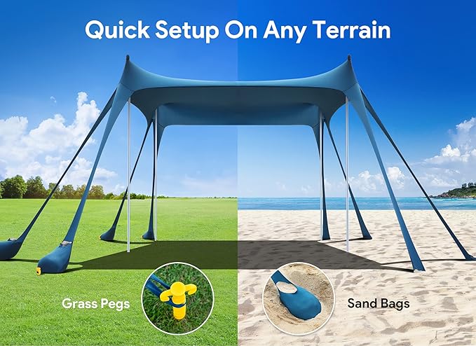 Osoeri Beach Tent, Camping Sun Shelter UPF50+ with 8 Sandbags, Sand Shovels, Ground Pegs &