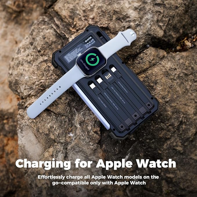 BLAVOR Solar Power Bank 20000mAh/74000mWh Built-in Cables, Wireless Charger for Apple Watch, 20W