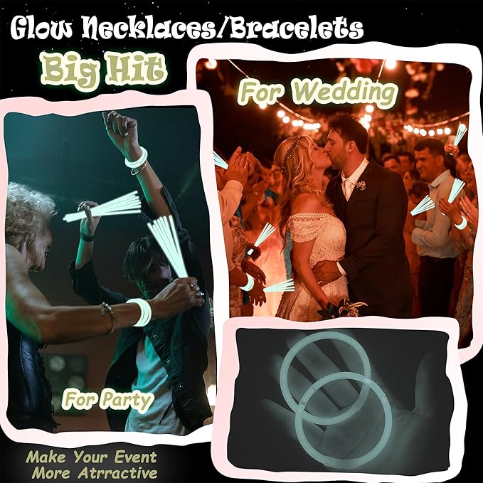100 pk 8" White Glow Sticks Bulk Party Favors, Light up Glow Necklaces & Bracelets in the Dark