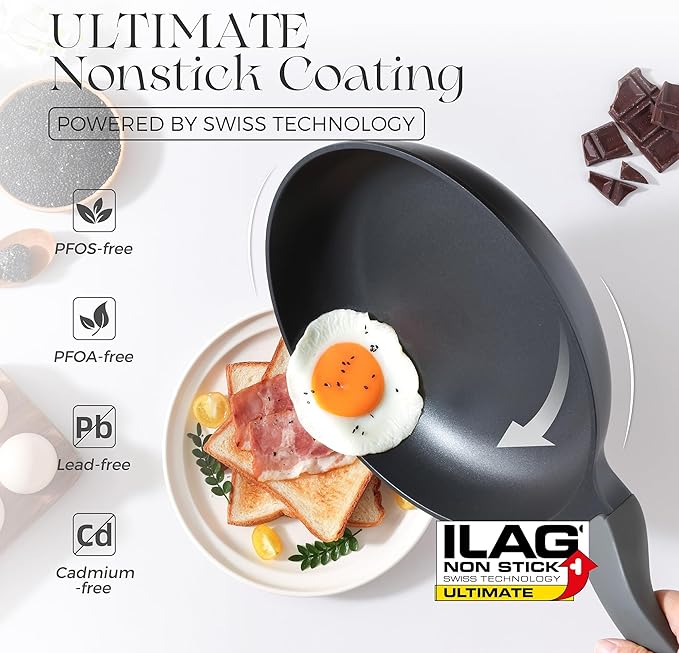 PRICUSIS Nonstick Ceramic Frying Pan with Lid, 8/10 Inch Skillet with Stay Cool Handle, Fully