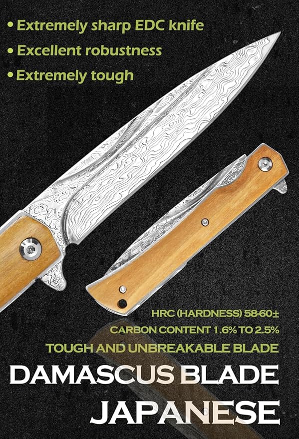 YOUSUNLONG Folding Knife Overall 215mm Camping Knife - Hammered Damascus Steel Blade - Natural
