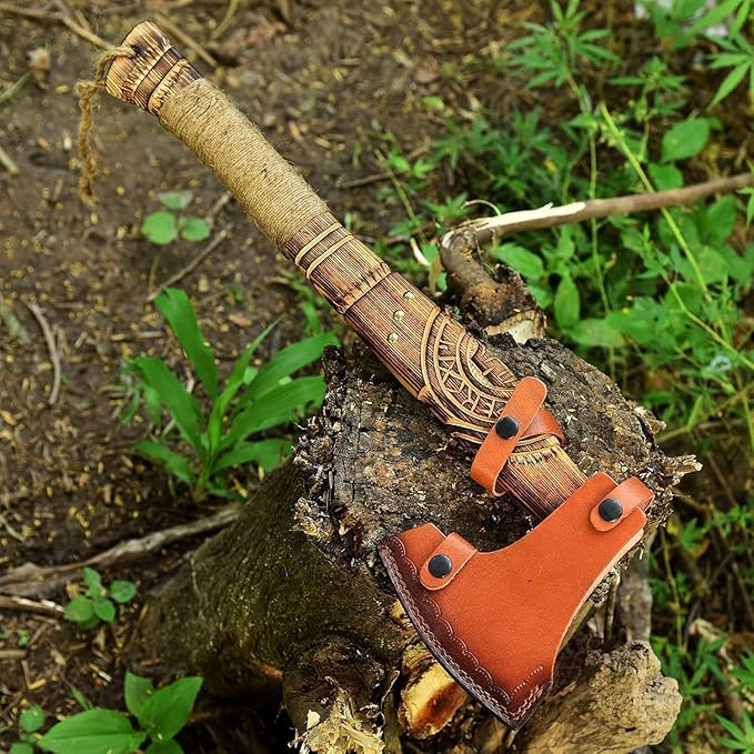 Hand Forged Viking Axe – Carbon Steel Blade with Ash Wood Handle and Leather Sheath, Camping
