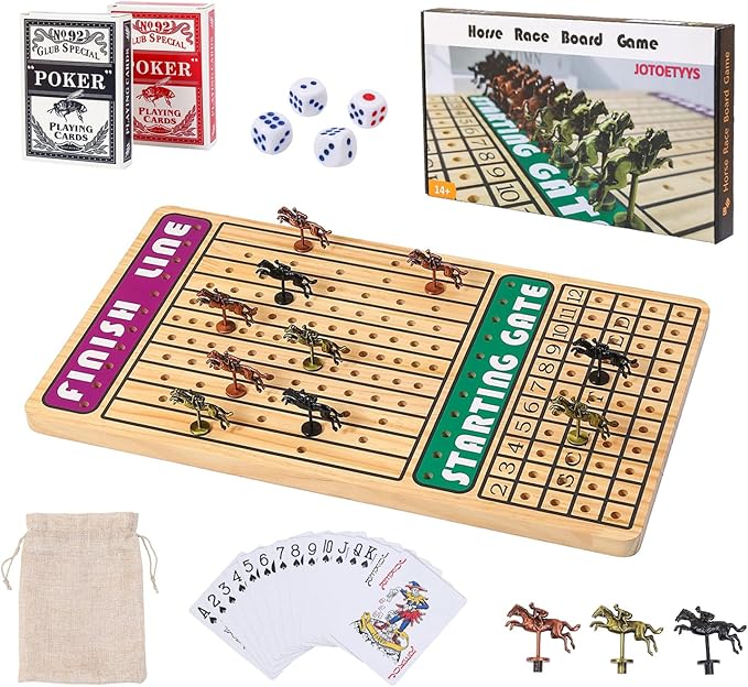 21 in Horse Race Board Game Racing Game Thickened Solid Wood with 11 Metal Horses, 2 Cards & 4