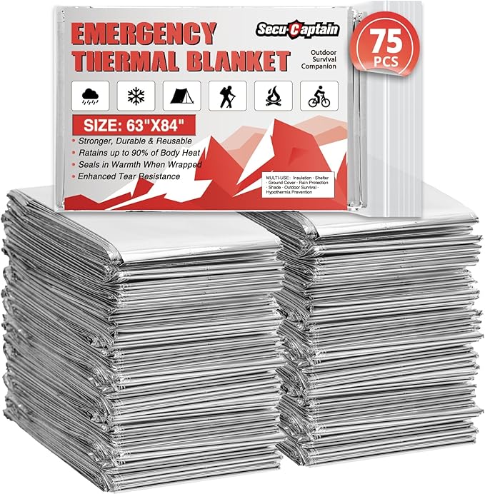 SecuCaptain Survival Emergency Thermal Blankets: 75 Pack Extra Large 84??x63??Space Mylar Blanket