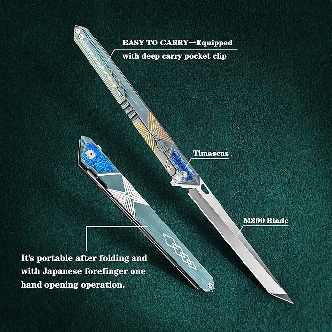 folding knife belt clip, M390 steel blade, outdoor camping knife, portable pocket knife titanium