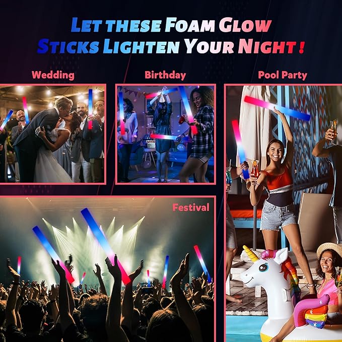 50Packs 3 Colors Foam Glow Sticks Red White Blue, Patriotic Events Parades, Party Decorations
