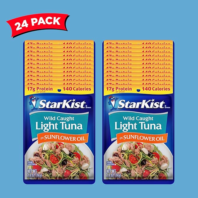 StarKist Chunk Light Tuna in Sunflower Oil, 2.6 oz Pouch (24 Pack) Ready to Eat Wild Caught Tuna