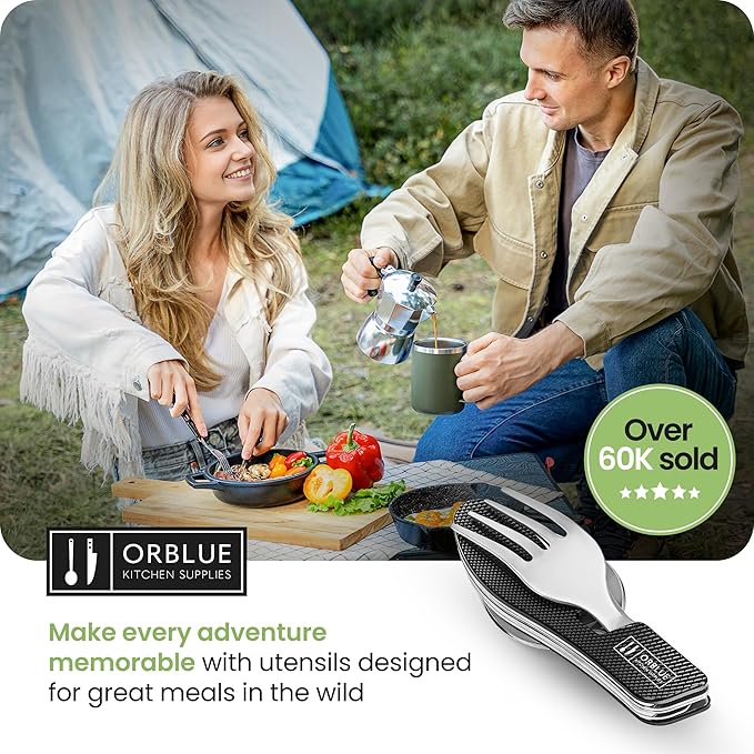 Orblue 4-in-1 Camping Utensils, 1-Pack, Portable Stainless Steel Spoon, Fork, Knife & Bottle Opener