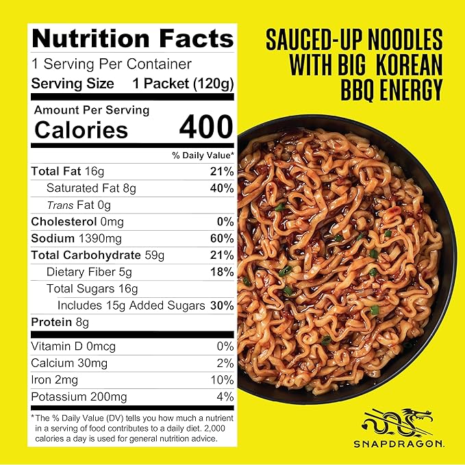 Snapdragon Saucy Instant Noodles with Korean BBQ Slurpable Sauce - Quick Meal, Snack, and Lunch.
