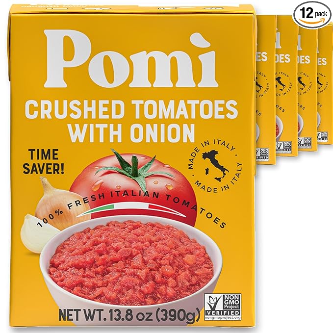 Pomì Crushed Tomatoes with Onion 13.8oz (Pack of 12) - Creamy, Velvety Italian Tomato Sauce No Salt