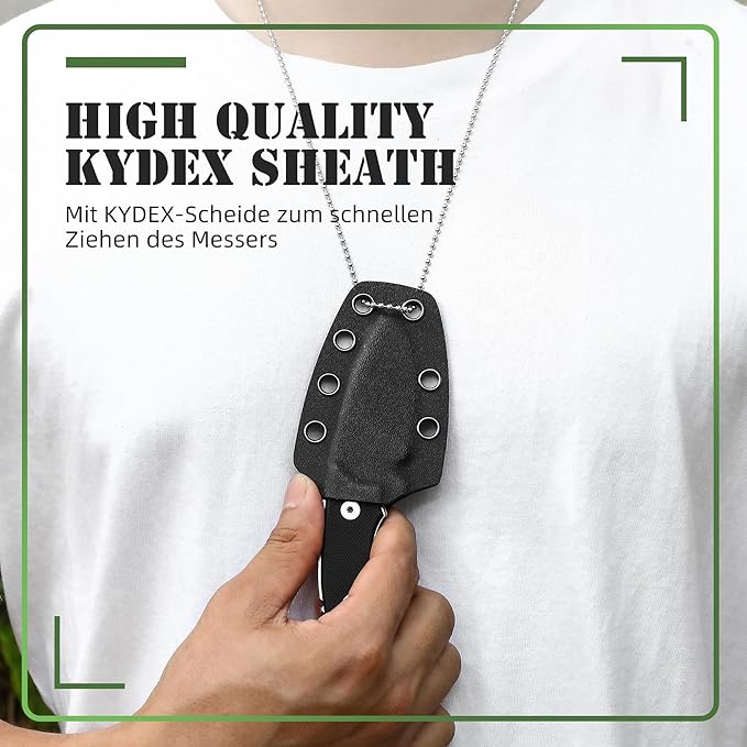Omesio Neck Knife, 5.43" Neck Knife with Sheath and Necklace, Full Tang Small Fixed Blad Knife D2