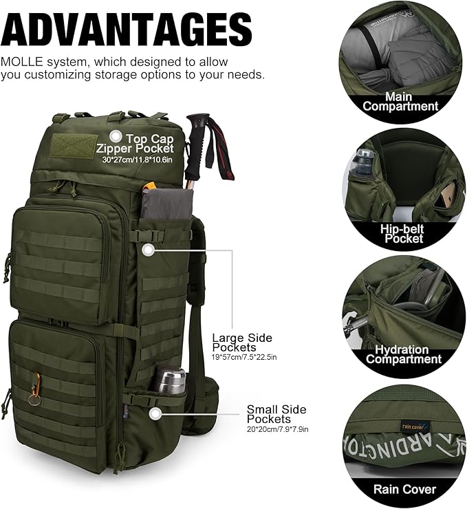 Mardingtop 75L Molle Hiking Internal Frame Backpacks with Rain Cover for