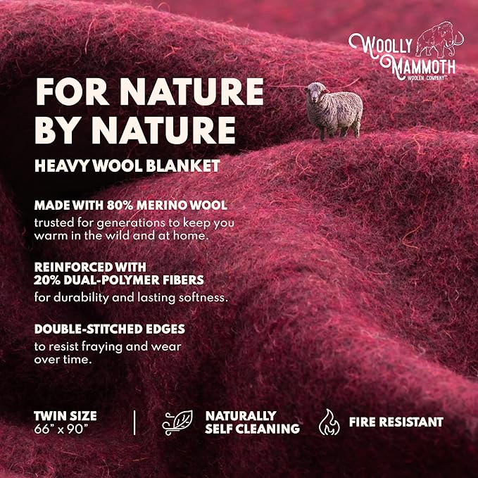 Woolly Mammoth Woolen Company Outdoor Merino Wool Throw Blanket - 66 x 90 in, Large, Burgundy