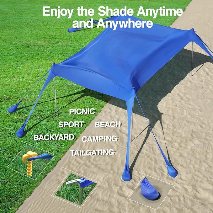 Rhino Valley Beach Tent Shade Canopy UPF50+ Protection, 8 Sandbags, 4 Stability Poles, Outdoor Sun