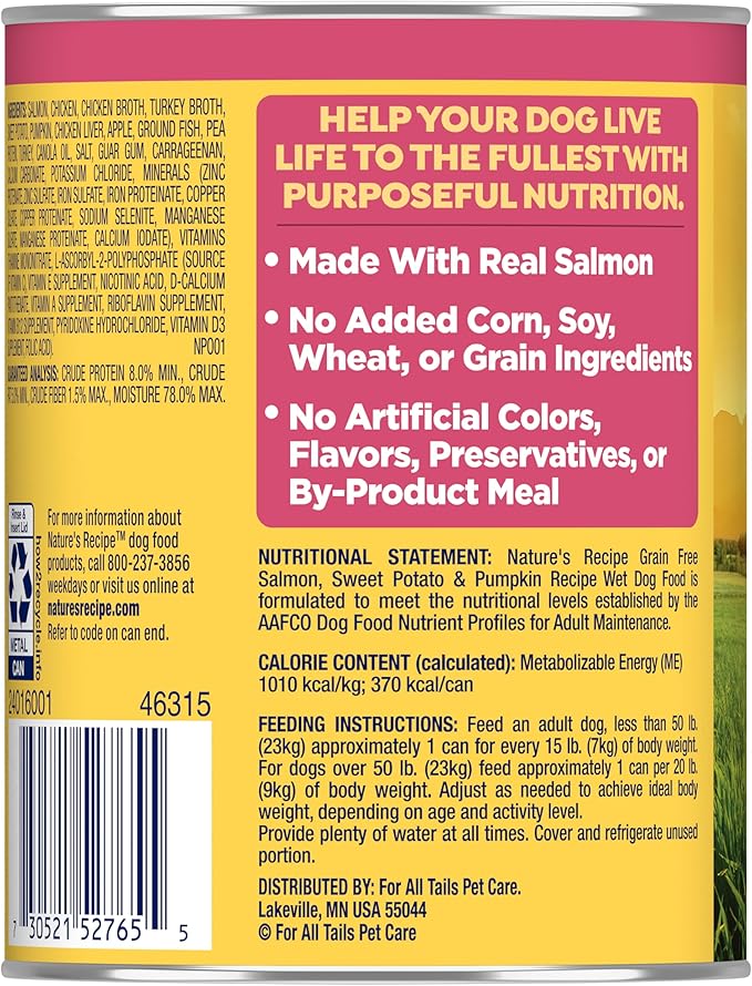 Nature's Recipe Grain Free Wet Dog Food Salmon, Sweet Potato, and Pumpkin Recipe, 13 oz. Can (Pack