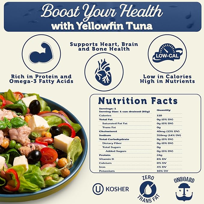 ONBOARD Premium Yellowfin Tuna in Spring Water - 12 Pack Solid Light 5 Oz Cans Sustainably Wild