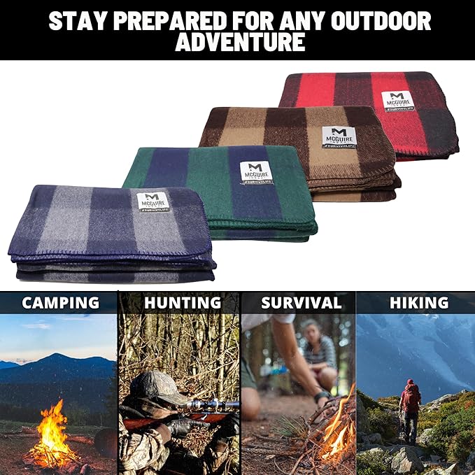 M MCGUIRE GEAR Warm Wool Bunkhouse Plaid Blanket for Camping, Home, Survival, or First Aid, 64" x