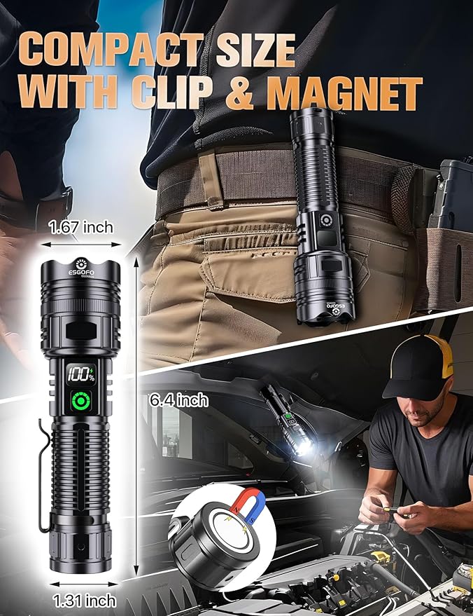 Esgofo Rechargeable Flashlights High Lumens 2000 2 Modes High/Low, Super Bright Magnetic LED