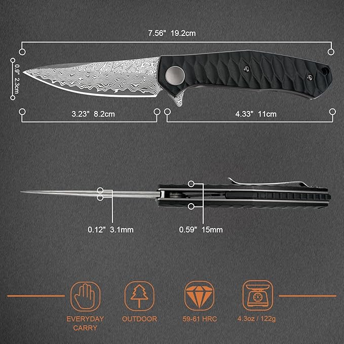 AUBEY Damascus Pocket Knife for Men with Clip EDC, 3.23" VG10 Core Damascus Steel Blade Folding